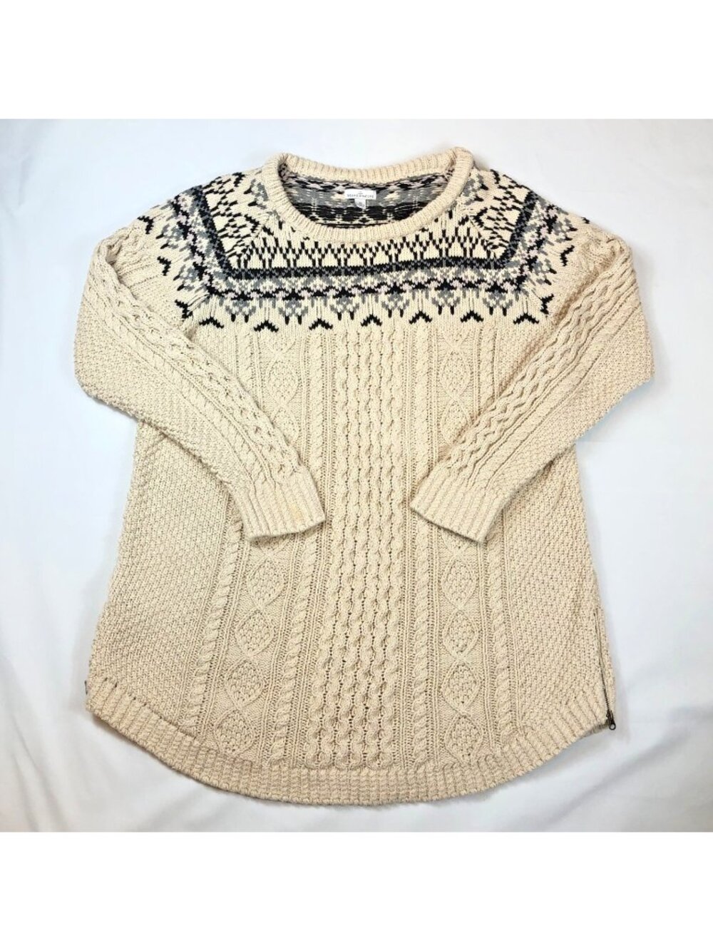 LL Bean Signature Women Fair Isle Fisherman Sweater Cable Knit Side Zips Size XL